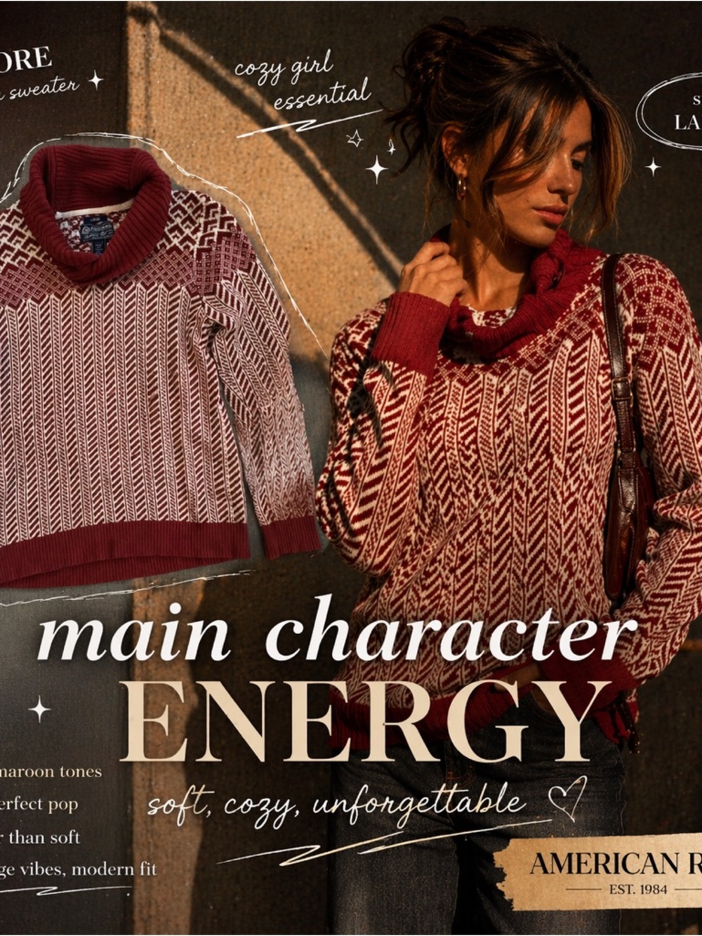 American Rag Maroon & Cream Patterned Cowl Neck Sweater